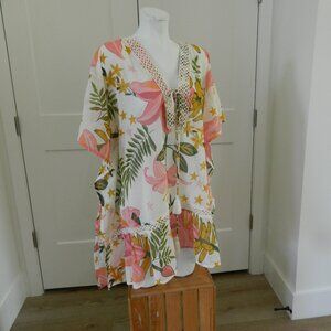 NEW Z&L Made with Love Topaz Beach Cover-Up, V Neck Lace Up, Tropical sz L $108